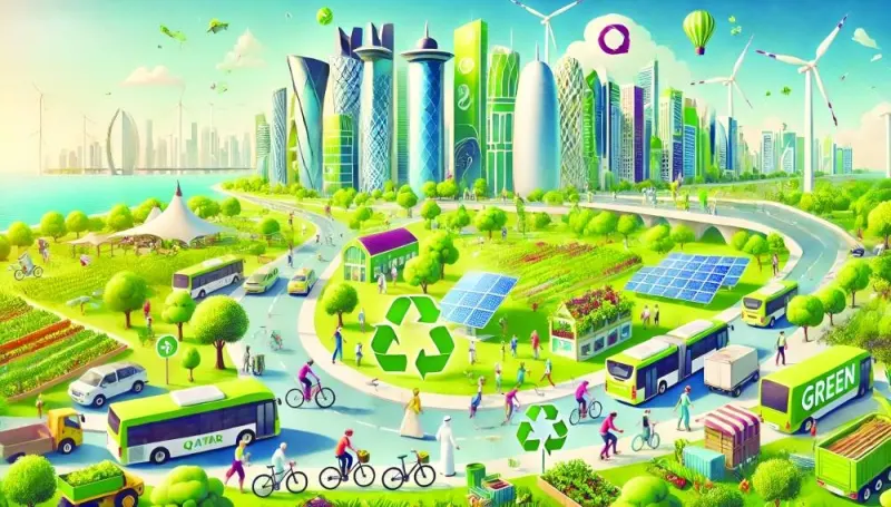 An illustration depicting Qatar&#039;s interest in green economy through its efforts to establish a culture of sustainability and environmental preservation.