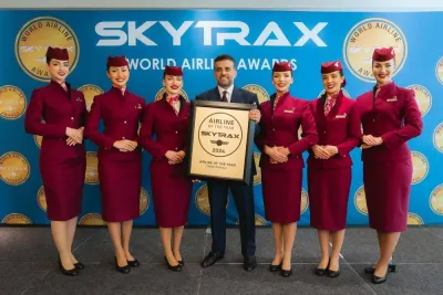 Qatar Airways Group CEO engineer Badr Mohammed al-Meer receives the  ‘Airline of the Year’ title from Skytrax.