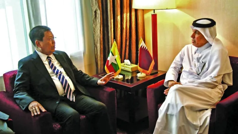 HE the Minister of State for Foreign Affairs Sultan bin Saad al-Muraikhi meets Deputy PM and Minister of Foreign Affairs of the Republic of the Union of Myanmar Than Swe.
