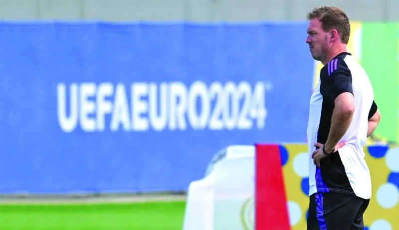 Germany’s head coach Julian Nagelsmann looks on during a training session at the team’s base camp in Herzogenaurach on Friday, on the eve of their Euro 2024 Round of 16 match against Denmark. (AFP)