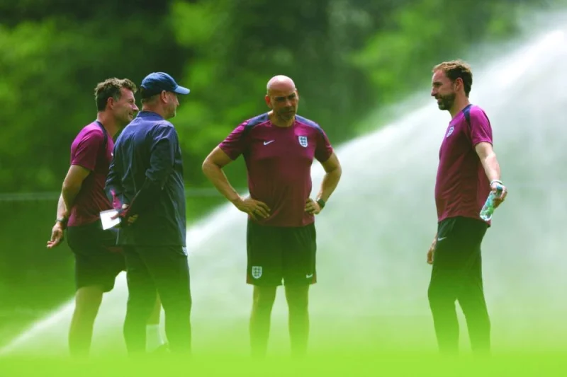 England’s head coach Gareth Southgate (right) supervises his team’s training session at their base camp in Blankenhain on Saturday, on the eve of their UEFA Euro 2024 Round of 16 match against Slovakia. (AFP)