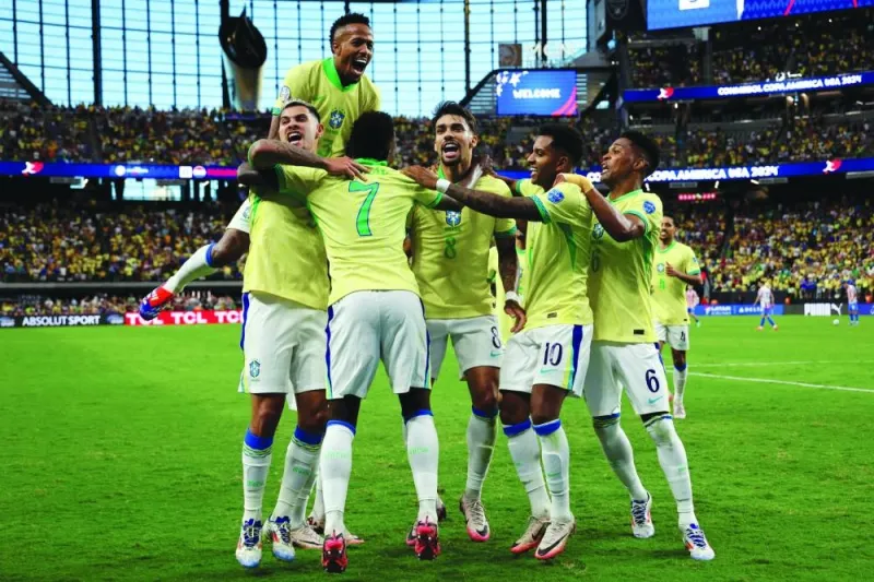 Vinicius Junior of Brazil celebrates after scoring the team’s third goal during the CONMEBOL Copa America 2024 Group D match against Paraguay at Allegiant Stadium in Las Vegas, on Saturday. (AFP)