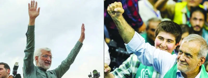 
A combination of file photos show Iranian presidential candidate and former nuclear negotiator Saeed Jalili, waving to supporters during a campaign event in the capital Tehran, and Masoud Pezeshkian (right), another candidate in the presidential election, gesturing to supporters during a campaign rally at Afrasiabi Stadium in Tehran. 