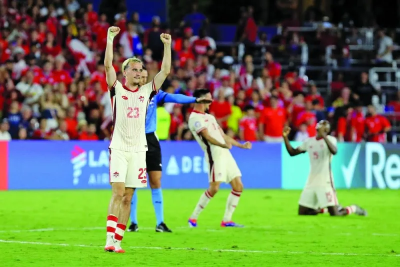 
Canada’s Liam Millar celebrates the team’s progression to the last eight stage after the CONMEBOL Copa America 2024 Group A match against Chile at Exploria Stadium in Orlando, Florida. (AFP) 