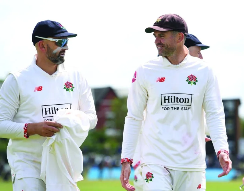 
Lancashire fast bowler James Anderson is seen with the club’s overseas player Nathan Lyon during their county match against Nottinghamshire at Southport on Tuesday. (@lancscricket) 