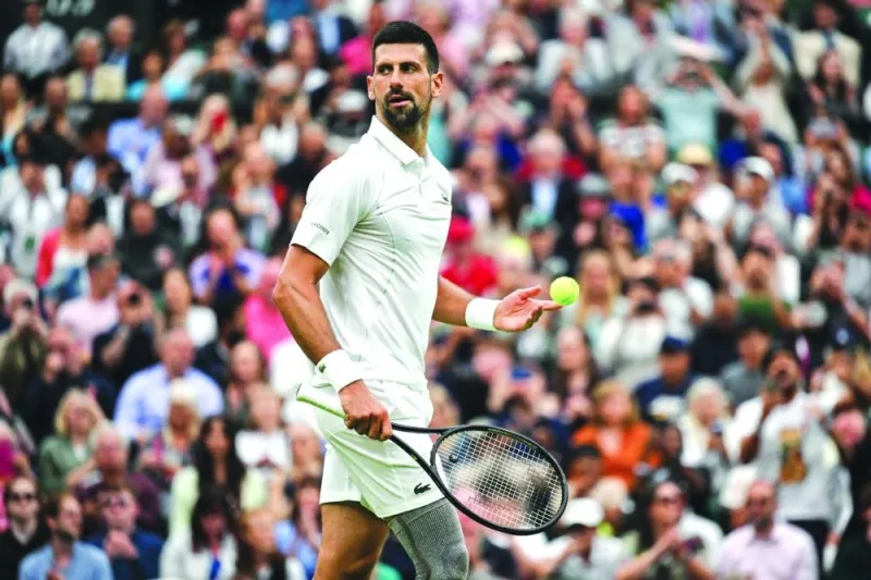 
Serbia’s Novak Djokovic reacts as he plays against Czech Republic’s Vit Kopriva during their match on the second day of the 2024 Wimbledon Championships in southwest London on Tuesday. (AFP) 