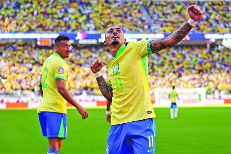 
Raphinha of Brazil celebrates after scoring the team’s first goal during the CONMEBOL Copa America 2024 Group D match against Colombia at Levi’s Stadium in Santa Clara, California. (AFP) 