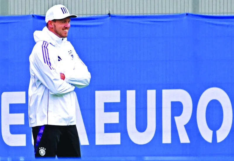Germany’s head coach Julian Nagelsmann supervises a training session in Herzogenaurach on Thursday. (AFP)