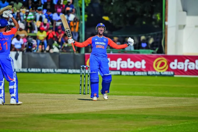 
India’s Abhishek Sharma celebrates his century against Zimbabwe in the second Twenty20 international at the Harare Sports Club yesterday. (@BCCI) 