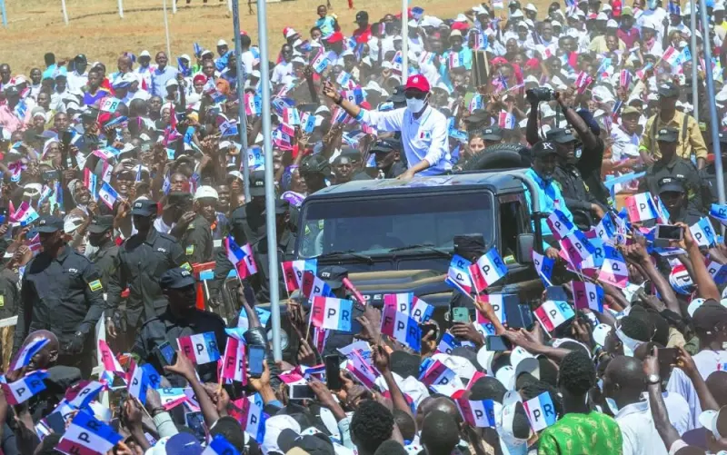 Rwanda’s incumbent president and presidential candidate for the Rwandan Patriotic Front, Paul Kagame, gestures as he arrives for his final campaign rally in Gahanga, Kicukiro district in Kigali, yesterday.