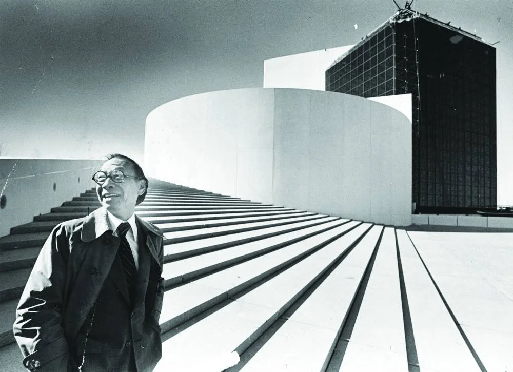I M Pei outside John F Kennedy Presidential Library and Museum, Dorchester, Massachusetts 1979. PICTURE: Ted Dully/The Boston Globe via Getty Images
