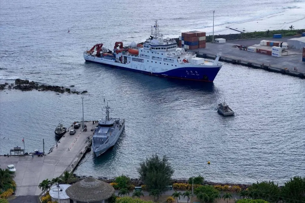 Chinese research vessel Da Yang Hao arrives at Avatiu Harbour in the Avarua district of the Cook Islands on November 8, 2025, as part of a mission to support research into potential deep-sea mining. A Chinese research vessel docked in the Cook Islands, as it probed the Pacific nation's deep-sea mining potential, a fledgling industry of mounting interest to both Beijing and Washington. (AFP)