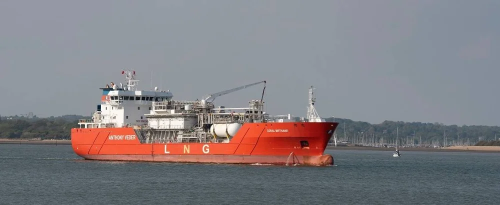 The LNG tanker Coral Methane sailing on Southampton Water. Asian spot liquefied natural gas prices were flat this week, as ample supplies and soft demand kept a lid on gains. Picture supplied by the Abdullah bin Hamad Al-Attiyah International Foundation for Energy and Sustainable Development.