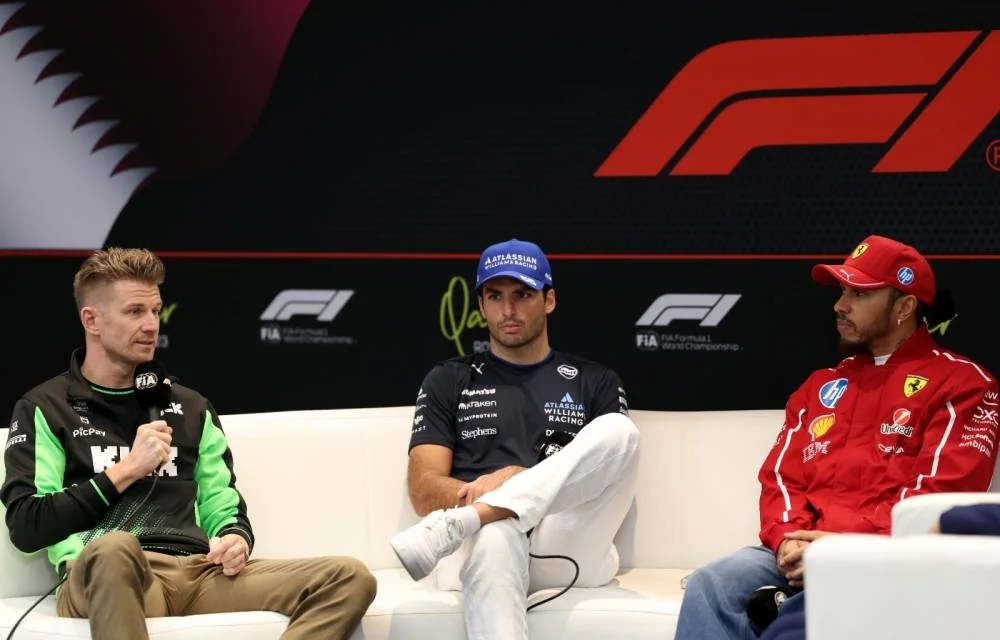 Lewis Hamilton (Ferrari), Nico Hulkenberg (Kick Sauber) and Carlos Sainz (Williams Racing) attend a press conference ahead of the Qatar Grand Prix at the Lusail International Circuit.