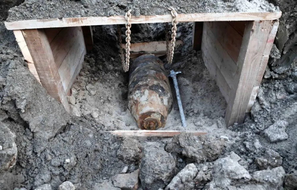 This handout photograph taken on December 28, 2025, and released by Serbia's Ministry of Interior, shows Serbian bomb disposal experts removing a 470-kg World War II aerial bomb, dropped on Nazi-occupied Belgrade in 1944, from a construction site in the Serbian capital. A 470-kilogram (1,000-pound) World War II aerial bomb was safely removed on December 28, 2025 from a construction site in the wider central area of Serbia’s capital, Belgrade, police said.
The US-made AN-M44 bomb was used during Allied air raids on German positions during the liberation of Belgrade from Nazi occupation in 1944. (AFP) The US-made AN-M44 bomb was used during Allied air raids on German positions during the liberation of Belgrade from Nazi occupation in 1944. (AFP) 