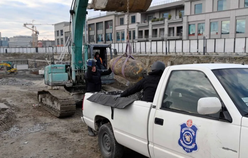 This handout photograph taken on December 28, 2025, and released by Serbia's Ministry of Interior, shows Serbian bomb disposal experts removing a 470-kg World War II aerial bomb, dropped on Nazi-occupied Belgrade in 1944, from a construction site in the Serbian capital. A 470-kilogram (1,000-pound) World War II aerial bomb was safely removed on December 28, 2025 from a construction site in the wider central area of Serbia’s capital, Belgrade, police said.
The US-made AN-M44 bomb was used during Allied air raids on German positions during the liberation of Belgrade from Nazi occupation in 1944. (AFP) The US-made AN-M44 bomb was used during Allied air raids on German positions during the liberation of Belgrade from Nazi occupation in 1944. (AFP) 