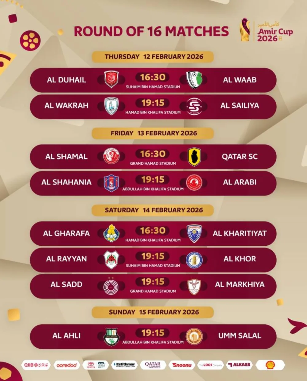 The Amir Cup round of 16 matches will be played from February 12 to 15, across Suhaim Bin Hamad, Hamad Bin Khalifa, Grand Hamad and Abdullah Bin Khalifa stadiums.