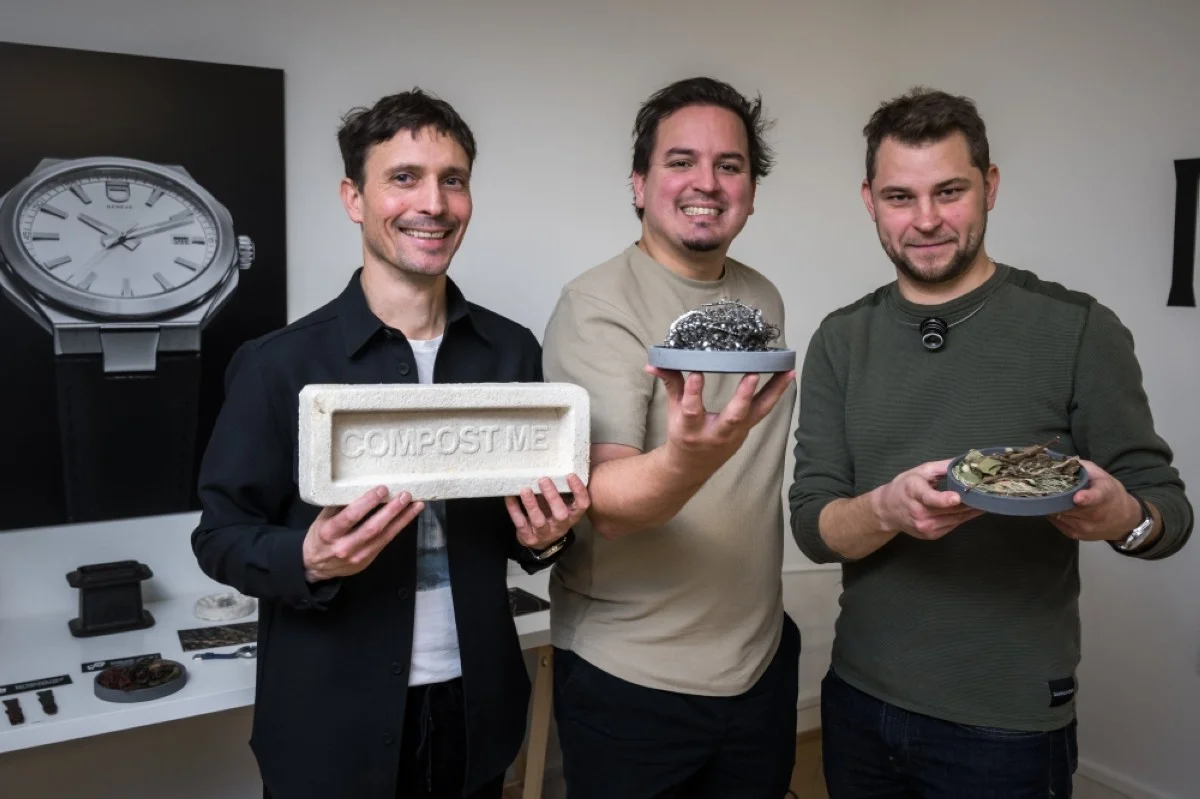 GENEVA: A photo taken on December 4, 2023 in Geneva shows ID Geneve watch brand founders (left to right) Singal Depery, Nicolas Freudiger and Cedric Mulhauser posing in their workshop. – AFP

