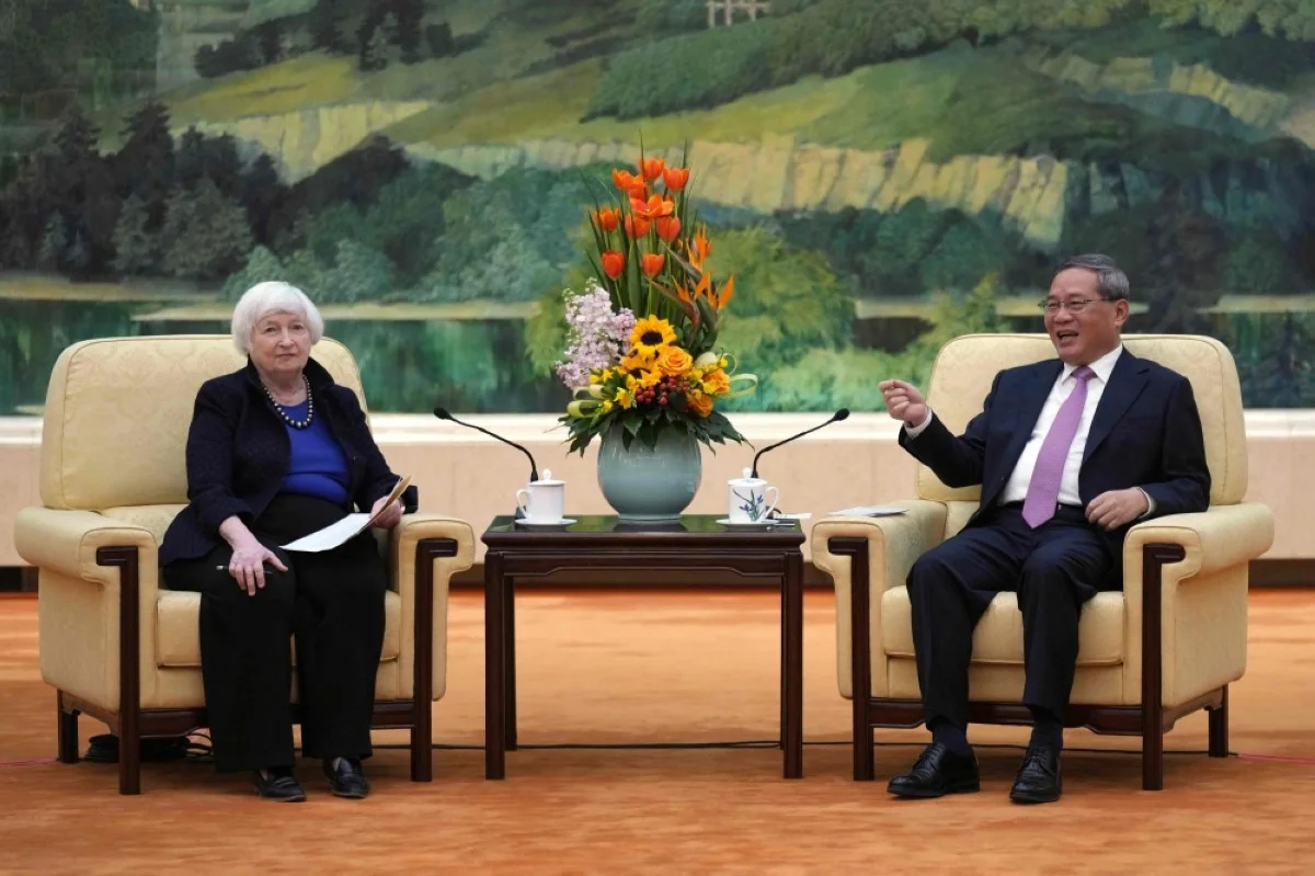 BEIJING: US Treasury Secretary Janet Yellen (left) meets with Chinese Premier Li Qiang at the Great Hall of the People in Beijing on April 7, 2024. – AFP