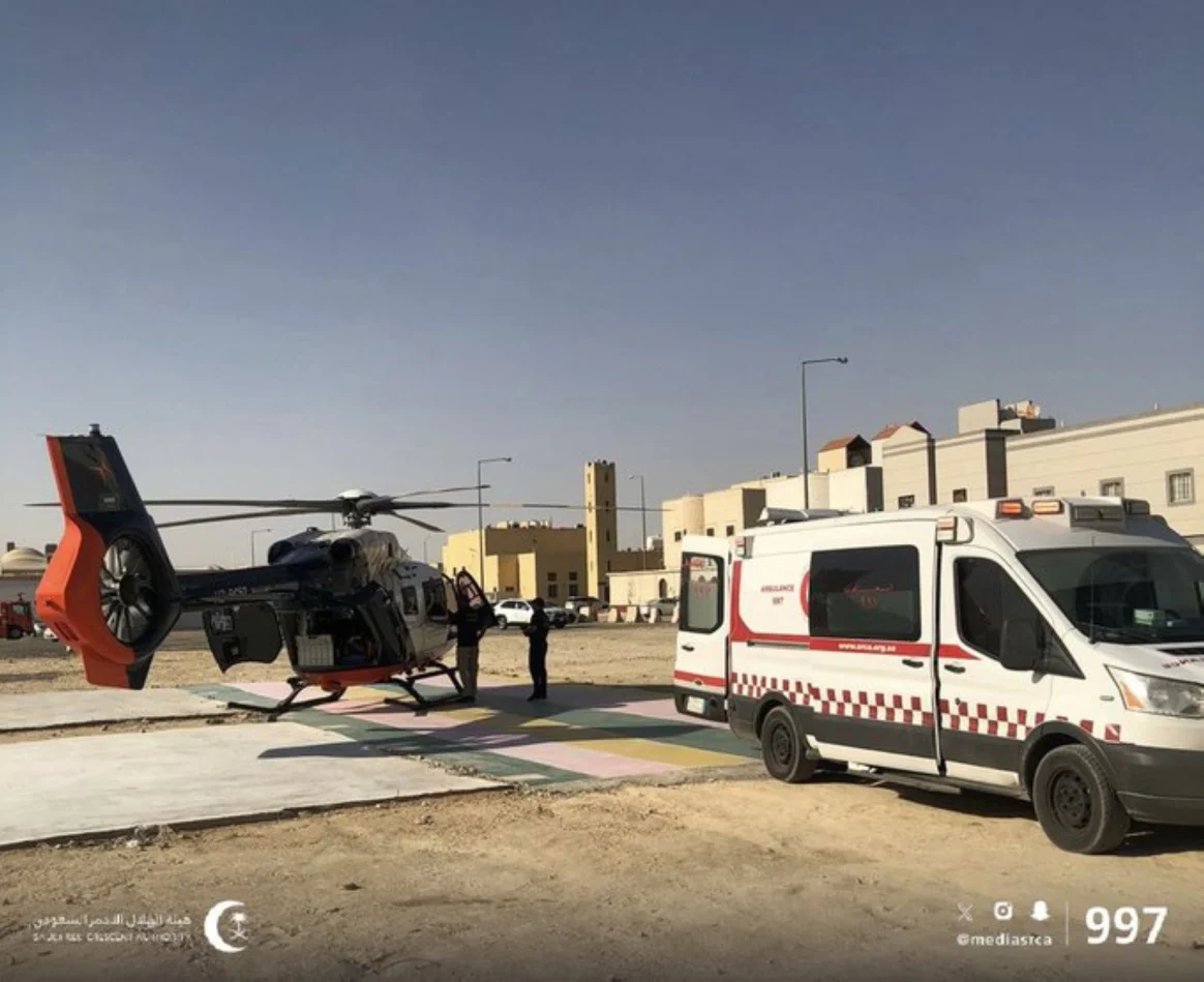 إنقاذ حالة خطرة، جراء حادثة سير باشرتها الفرق في حي المصانع بمدينة الرياض