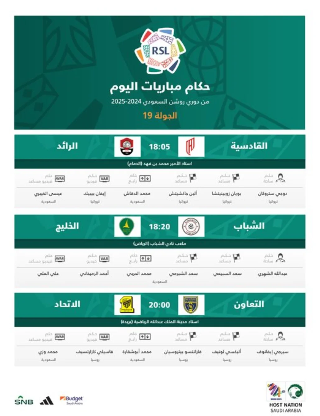 حُكّام مباريات اليوم الخميس في الجولة 19 من روشن