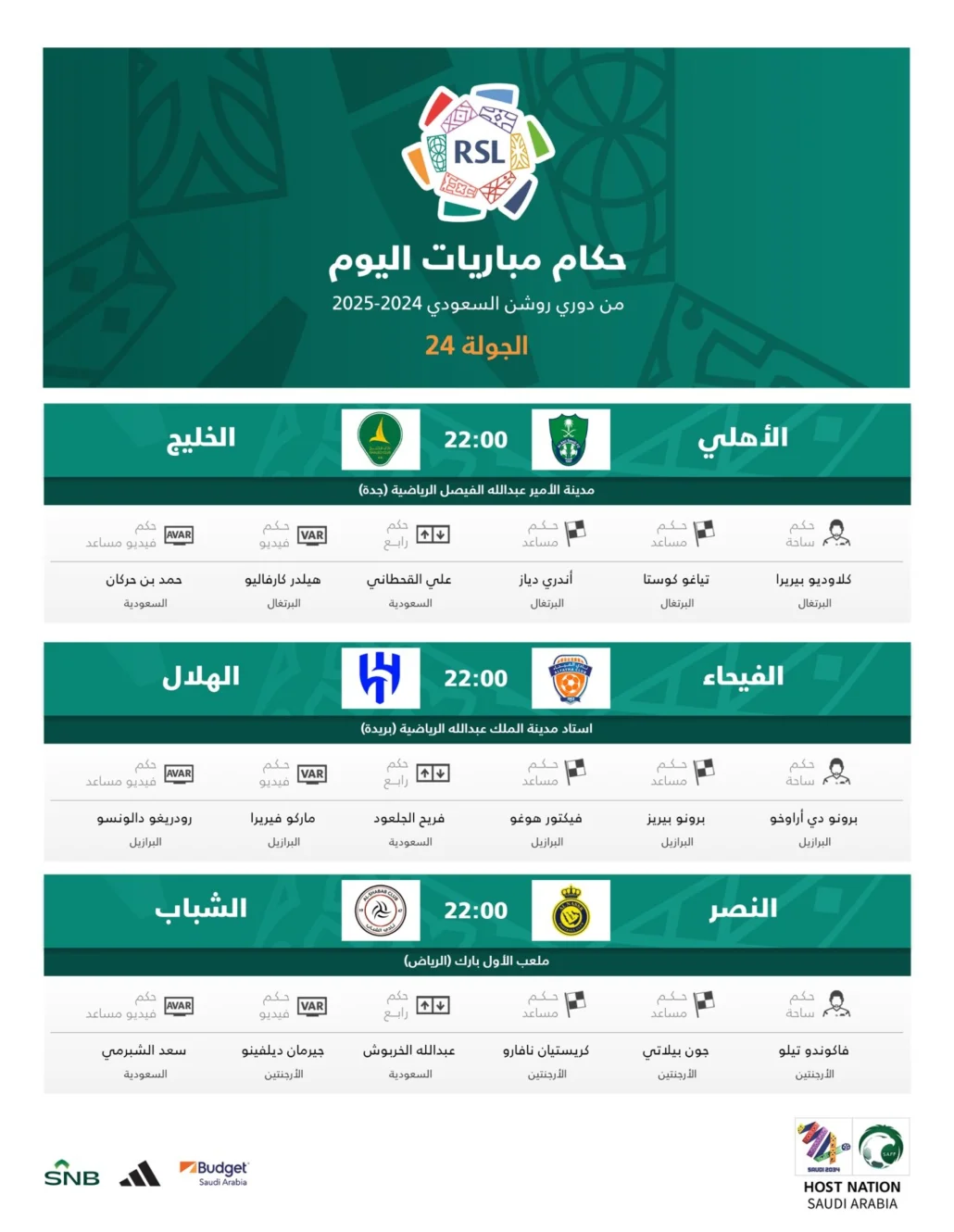 حكام مباريات الجولة 24 من دوري روشن السعودي اليوم الجمعة