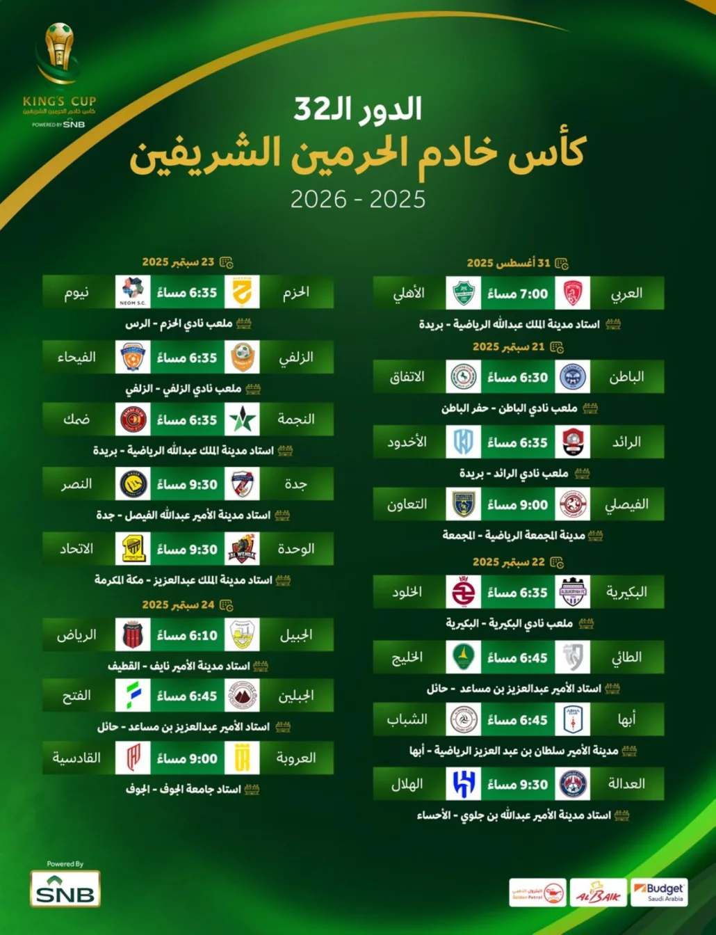 الكشف عن مواعيد مباريات دور الـ 32 لبطولة كأس الملك