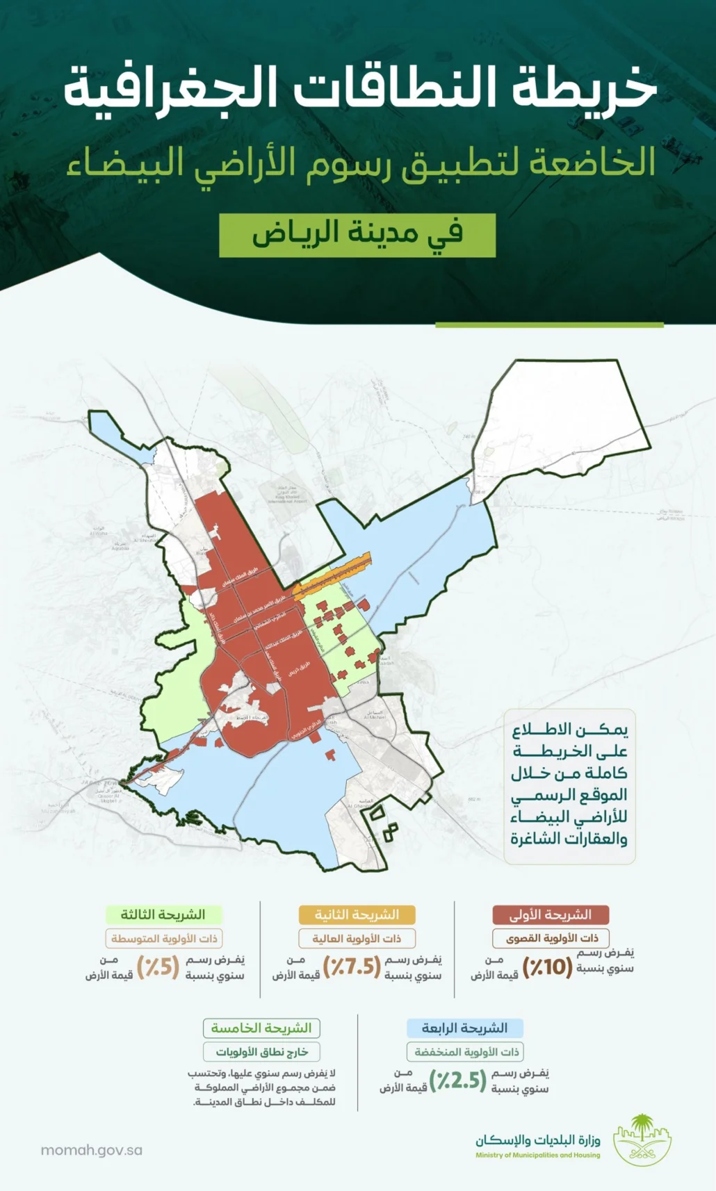 إعلان النطاقات الجغرافية لرسوم الأراضي البيضاء بالرياض
