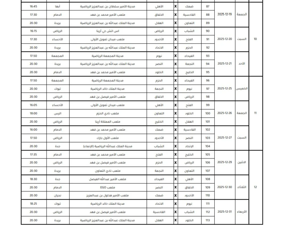 مواعيد مباريات الجولات من 7 إلى 12 في روشن
