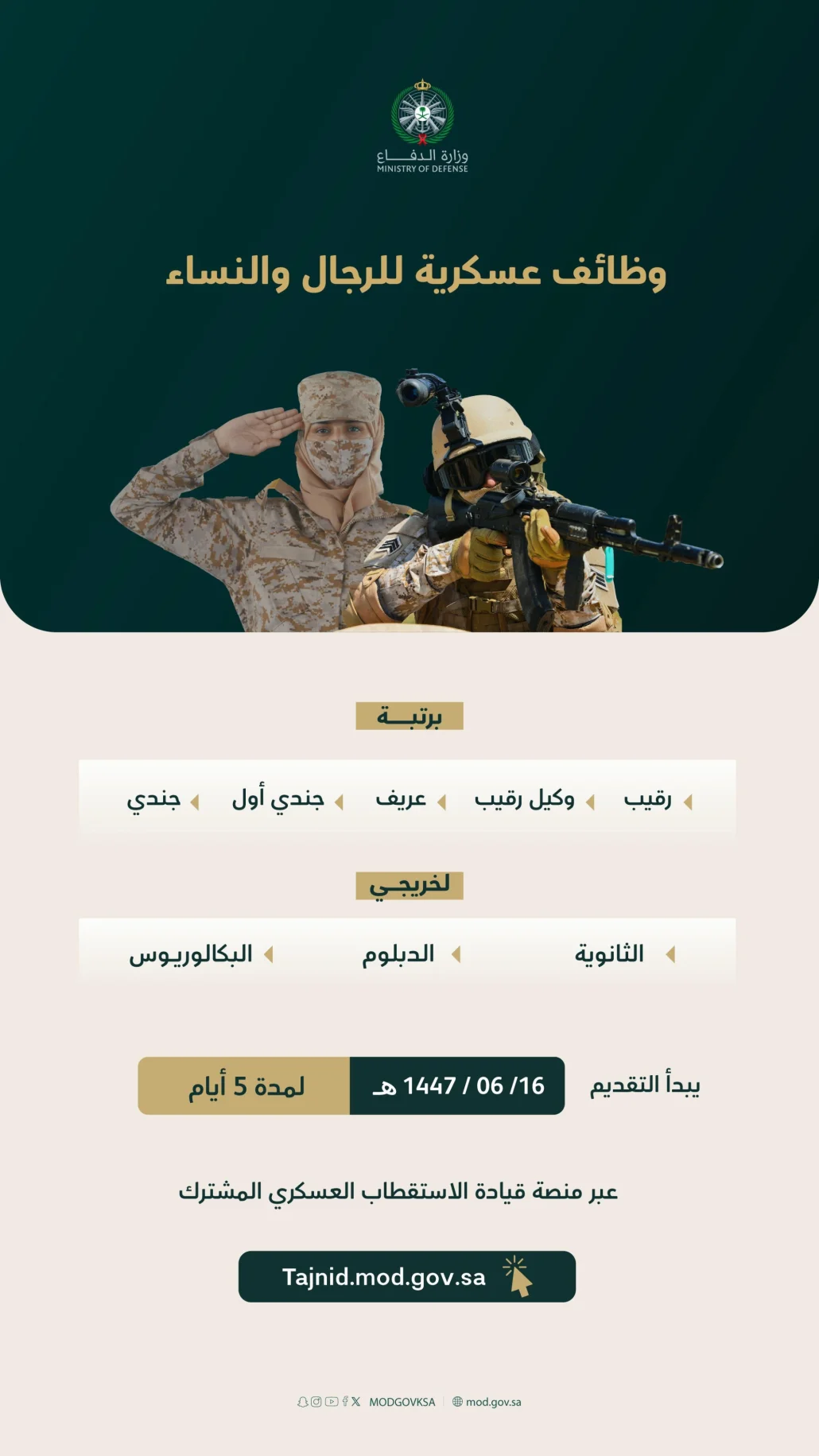 "الدفاع" تفتح باب "التجنيد الموحد" للرجال والنساء