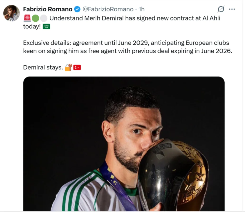 رسميًا.. ديميرال يُمدِّد عقده مع الأهلي حتى 2029