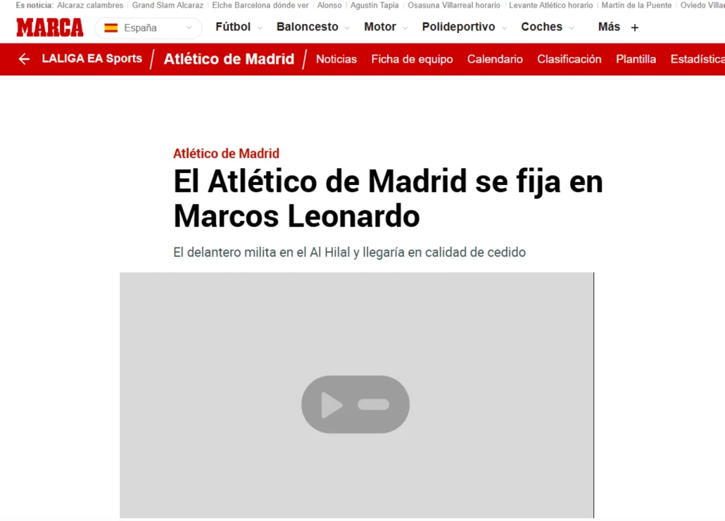 أتلتيكو مدريد يفاوض الهلال لضم ماركوس ليوناردو