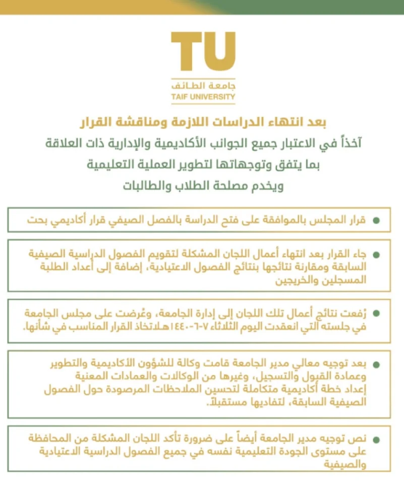 جامعة الطائف تعلن فتح الدراسة في الفصل الصيفي