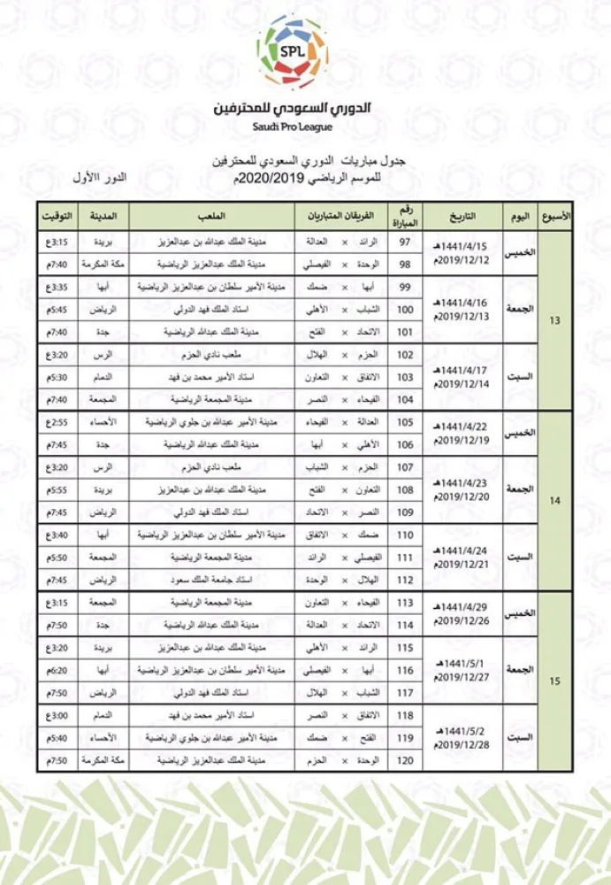 تعرّف على جدول الدوري السعودي للمحترفين للموسم الرياضي 2019/2020