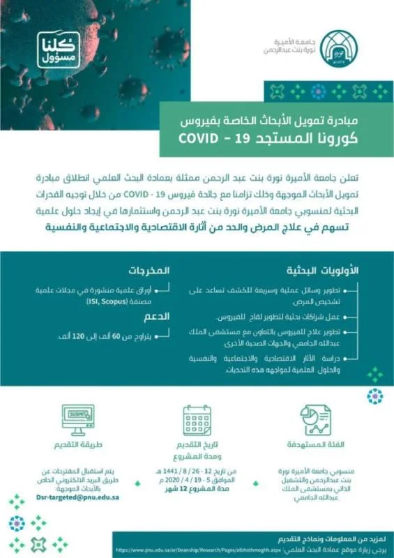 جامعة الأميرة نورة تطلق مبادرة بحثية لمواجهة "كورونا"