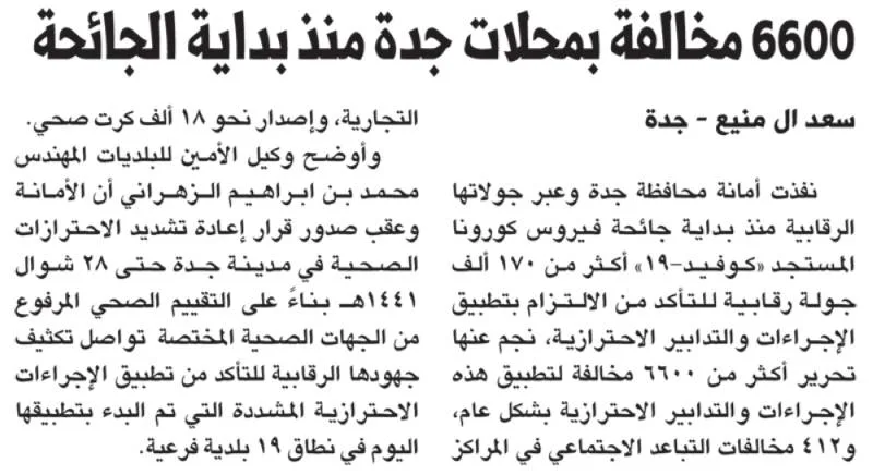 6600 مخالفة بمحلات جدة منذ بداية الجائحة