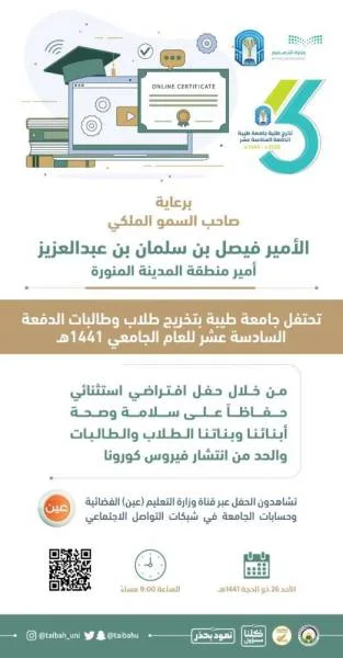 جامعة طيبة تحتفل بتخريج طلابها وطالباتها افتراضيًا الأحد المقبل