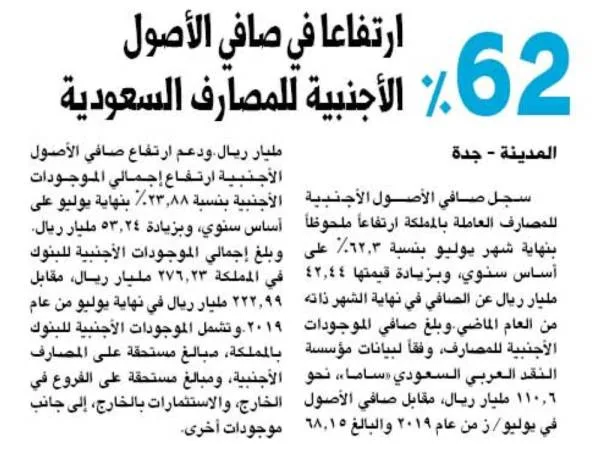 %62 ارتفاعا في صافي الأصول الأجنبية للمصارف السعودية