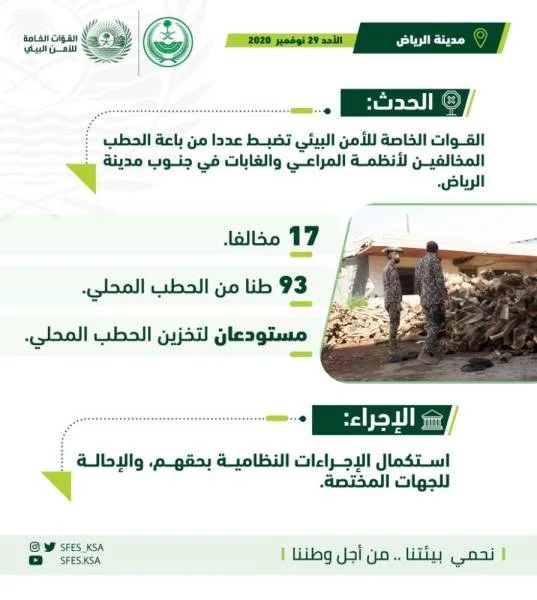 الرياض : القوات الخاصة للأمن البيئي تضبط 93 طناً من الحطب المحلي المعد للبيع