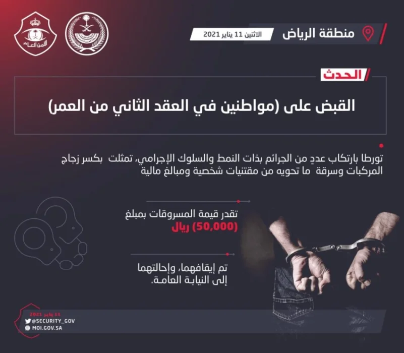 القبض على شخصين تورطا بجريمة السرقة في الرياض