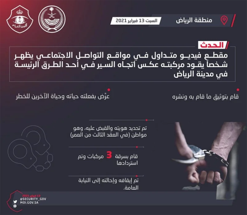 شرطة الرياض: القبض على شخص يقود مركبته عكس اتجاه السير