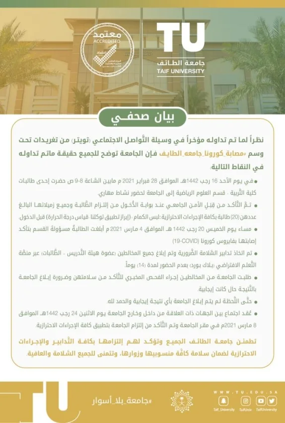 "جامعة الطائف" تُصدر بياناً بشأن ما تم تداوله عن الطالبة المصابة بكورونا