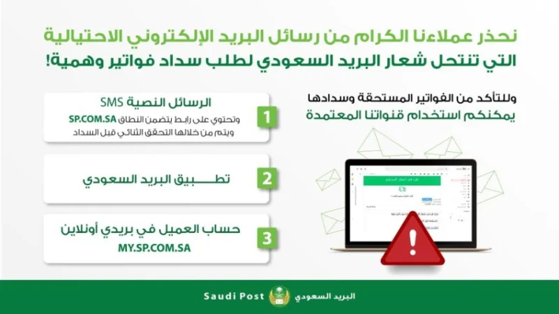 البريد السعودي يحذر من رسائل إلكترونية احتيالية تطلب سداد فواتير وهمية