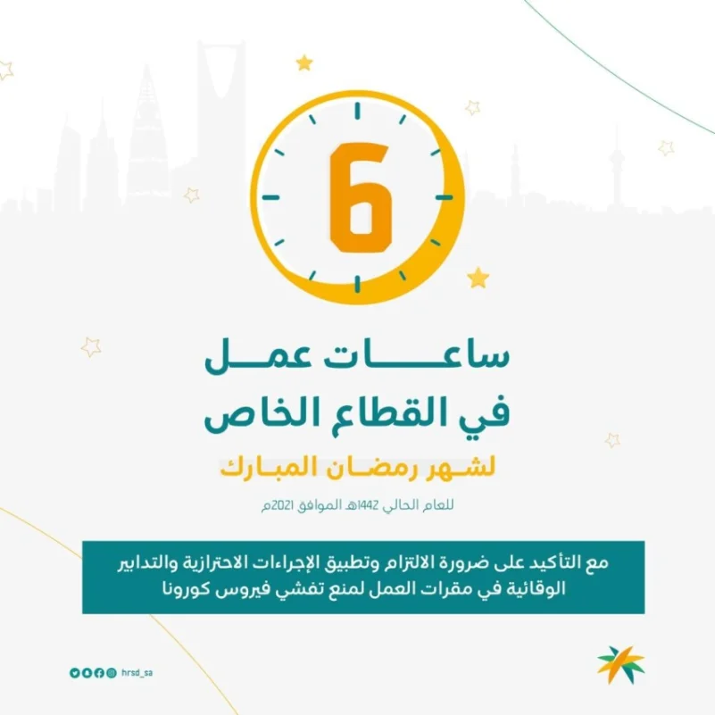 "الموارد البشرية" تحدد عمل القطاع الخاص خلال رمضان بـ 6 ساعات