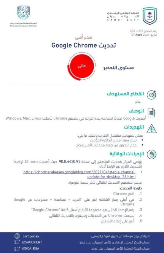 "الأمن السيبراني" يصدر تحذيراً عالي الخطورة بخصوص ثغرات "جوجل كروم"