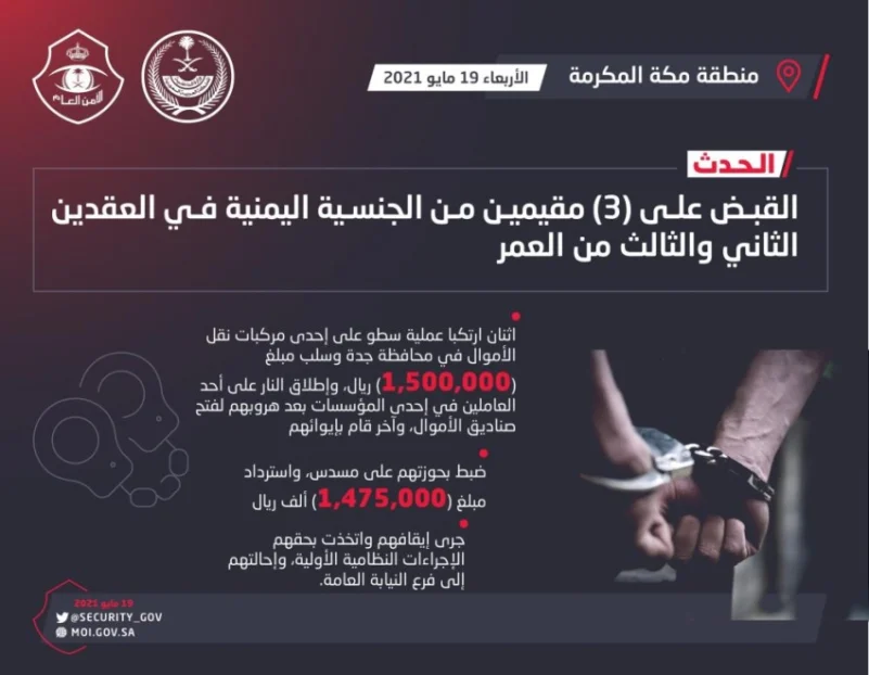 القبض على (3) مقيمين سطوا على مركبة نقل أموال في جدة
