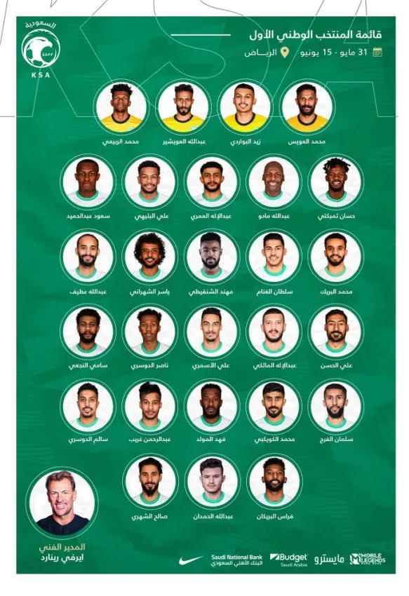 27 لاعبًا ضمن قائمة الأخضر لمباريات تصفيات كأس العالم 2022