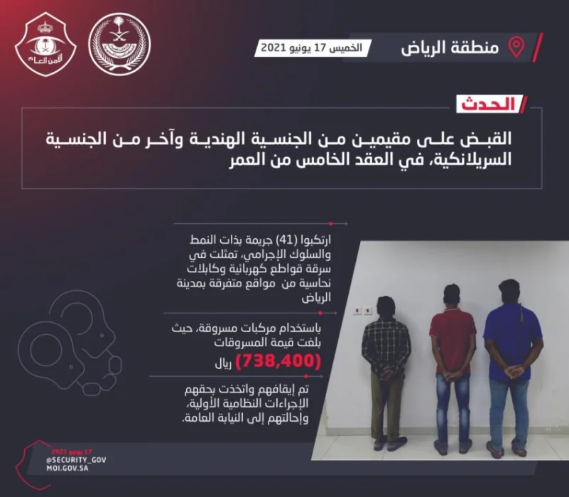 الرياض : القبض على مقيمين لقيامهم بسرقة قواطع كهربائية وكابلات نحاسية