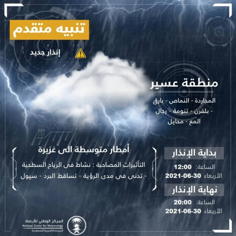 "المركز الوطني للأرصاد": أمطار غزيرة على منطقة عسير