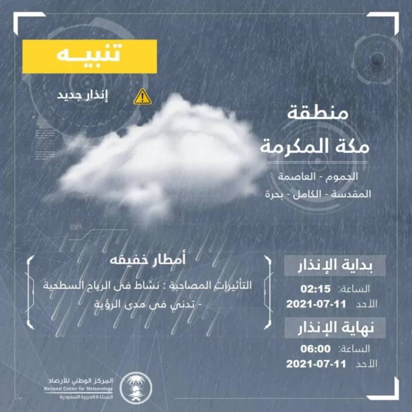 "الأرصاد" تنبه: أمطار رعدية على عدد من محافظات منطقة مكة المكرمة